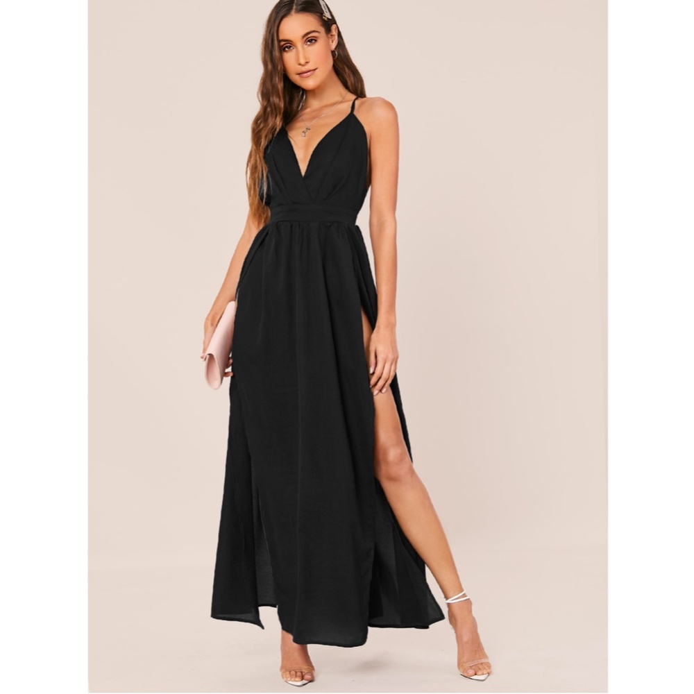 Deep V Backless High Leg Slit Maxi Dress in Black - Picture 4 of 9